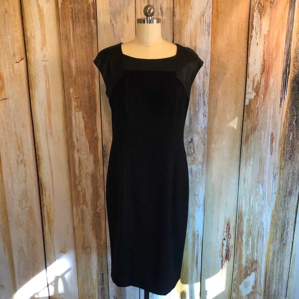 Mossimo Black Stretch Sheath Dress Faux Leather Trim Cap Sleeve sz 10 EUC!